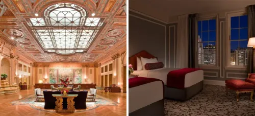 Interior sitting area at the Millennium Biltmore (left) and interior of a bedroom at the Millennium Biltmore (right)